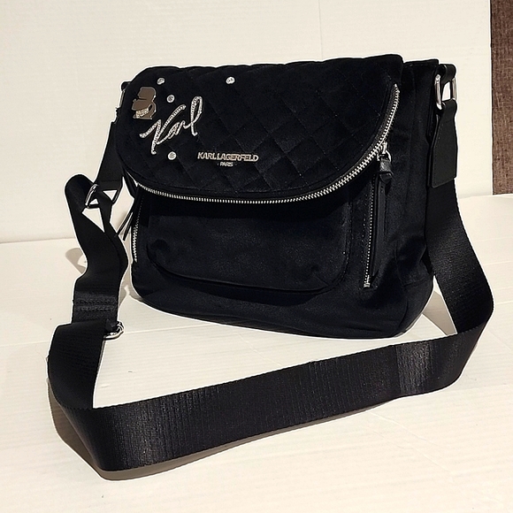 Karl Lagerfeld Handbags - KARL LAGERFELD Cara black velvet quilted messenger crossbody shoulder bag purse